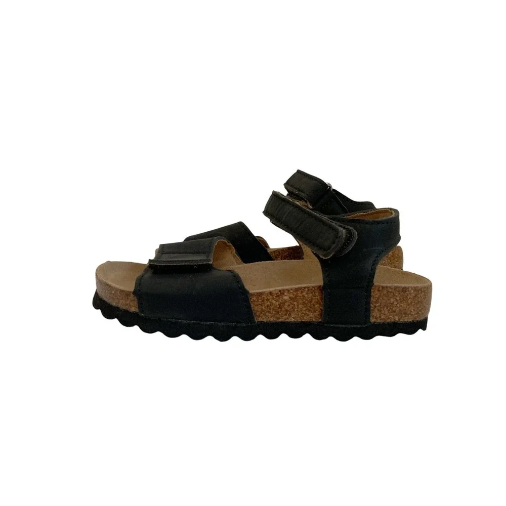 Krabor Kids Black Cork Footbed Sandals Adjustable Hook Loop Straps‎ Toddler